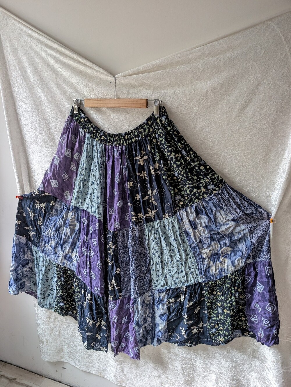 Shelly & Arnold Rayon Patchwork Purple Blue Floral Boho Maxi A Line Skirt